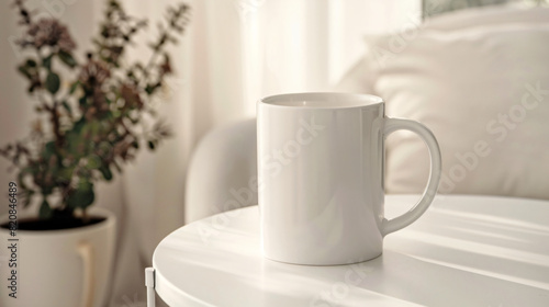 Ceramic mug on white bedside table indoors. Mockup 