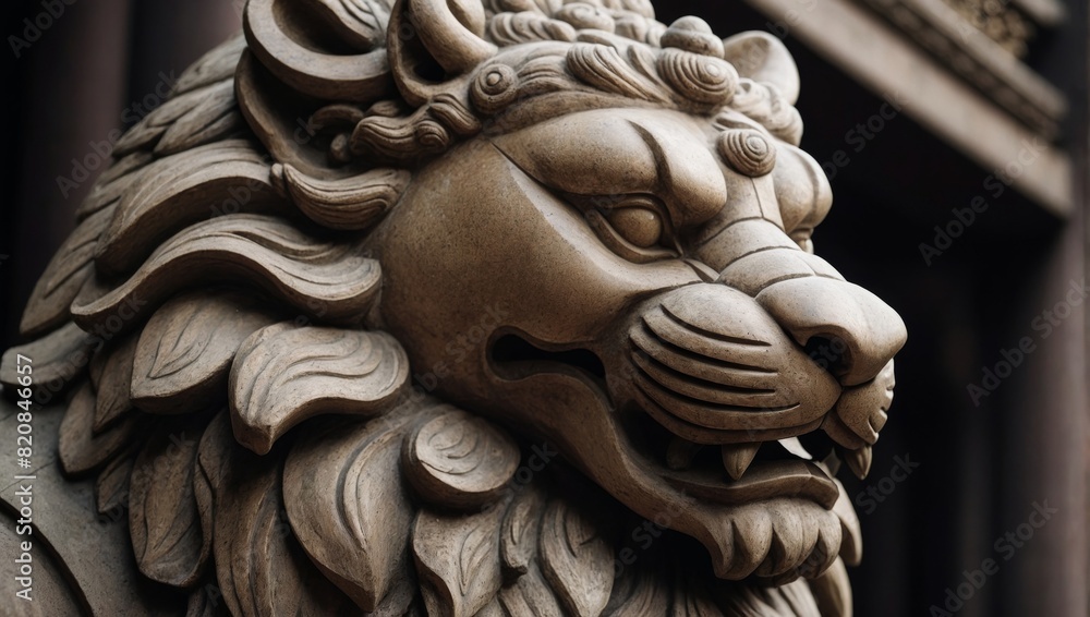 Chinese Lion Guardian Statue Detailed Close-Up Photo In Intricate Design Chinese Lion Guardian Statue Detailed Close-Up Photo In Intricate Design
