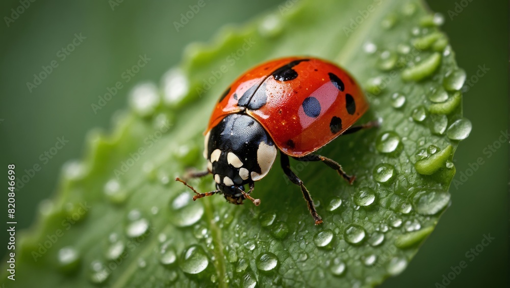 detailed close-up photo ofladybug resting ongreen leaf in bright sunlight detailed close-up photo ofladybug resting ongreen leaf in bright sunlight