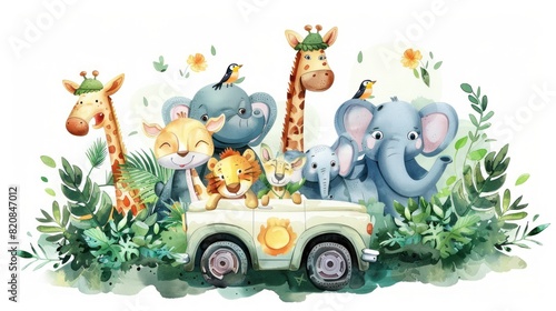 Animals safari funny Jungle cartoon riding a car in cartoon watercolor style. Generated AI