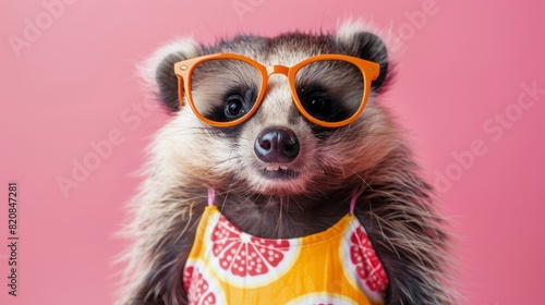 A raccoon wearing sunglasses and a swimsuit is the star of this eye-catching image