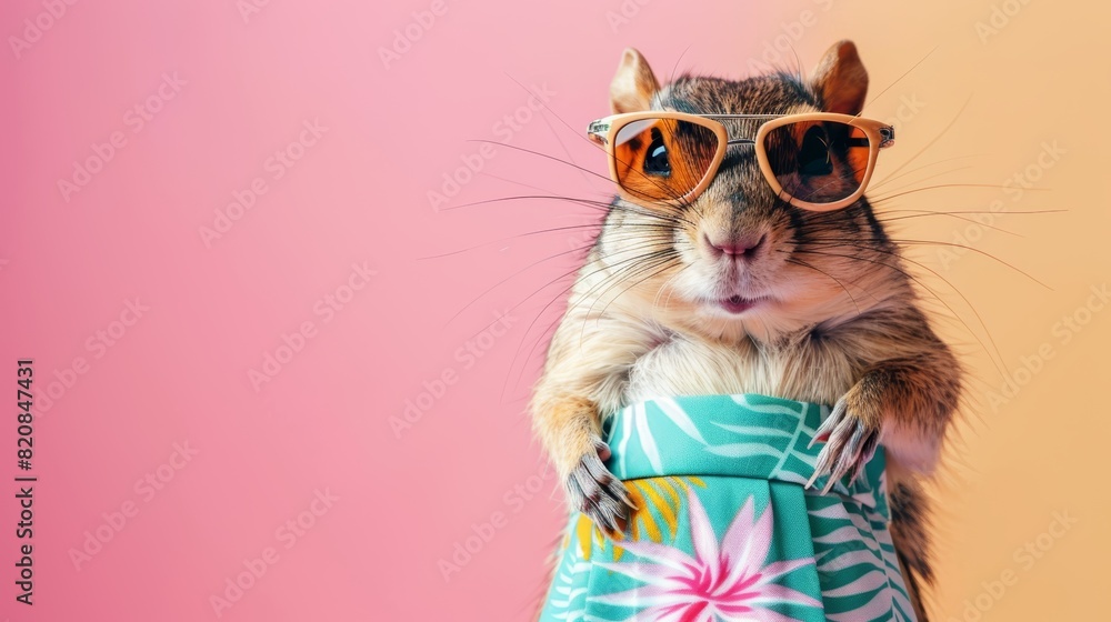 A squirrel wearing sunglasses and a hawaiian shirt is standing on a pink background. The squirrel is holding a tiny umbrella.
