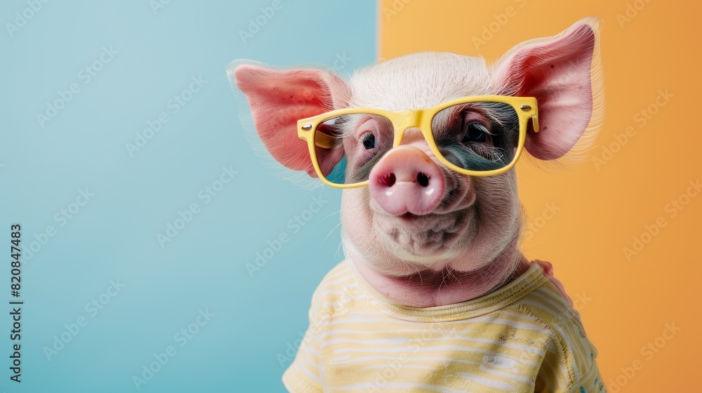 A pig wearing sunglasses and a yellow shirt is looking at the camera. The pig is standing in front of a blue and orange background.
