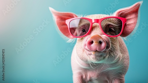 A pig wearing sunglasses is a funny and unexpected image. It is sure to make people smile and is a great way to add some fun and personality to your marketing campaign. photo