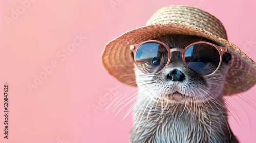 An otter wearing a straw hat and sunglasses  looking like he s on vacation.