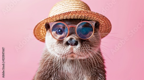 An otter wearing a straw hat and sunglasses is looking at the camera with a surprised expression on its face.