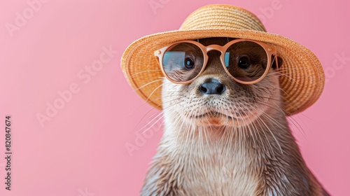 An otter wearing a straw hat and sunglasses is looking at the camera. The otter is standing on a pink background. photo