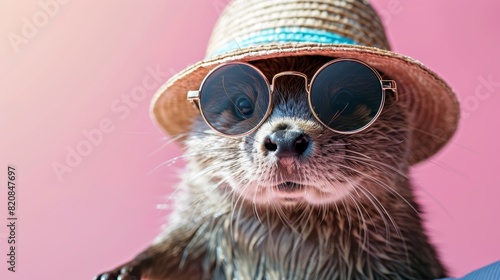 An otter wearing a straw hat and sunglasses is sitting on a pink background. The otter is looking at the camera.