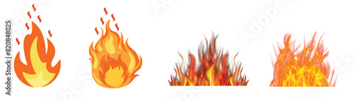 Set Of Burning Fire And Flame Isolated On a White.