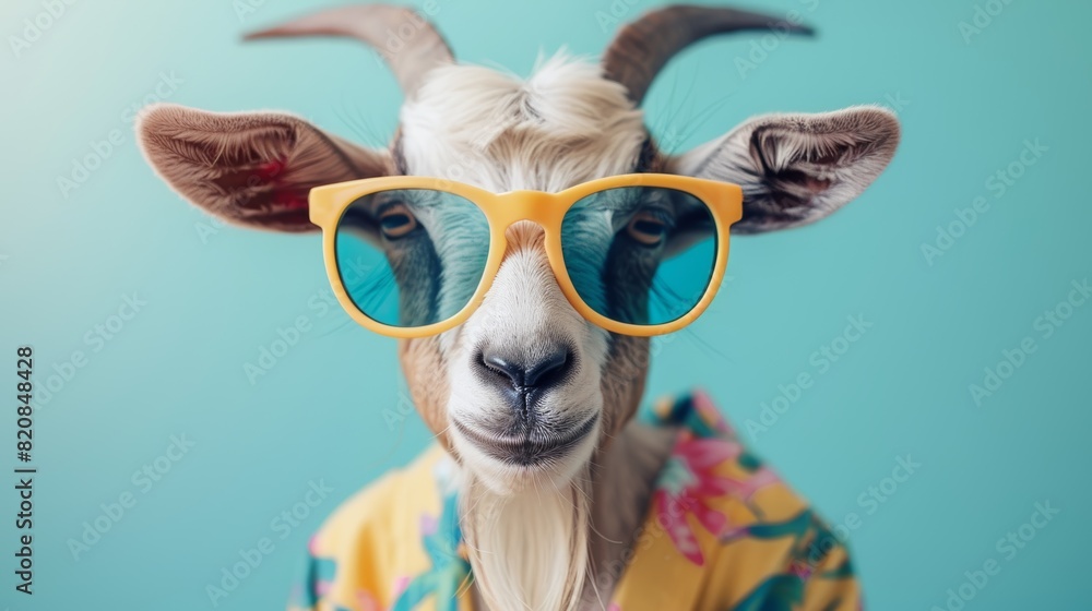 Goat in yellow sunglasses and hawaiian shirt on blue background. Goat in yellow sunglasses and hawaiian shirt on blue background.