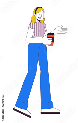 Happy caucasian woman with coffee cup 2D linear cartoon character. European female with drink walking isolated line vector person white background. Lifestyle activity color flat spot illustration