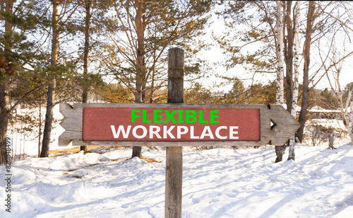 Flexible workplace symbol. Concept words Flexible workplace on beautiful road sign. Beautiful winter forest snow tree background. Business Flexible workplace concept. Copy space. © Dzmitry