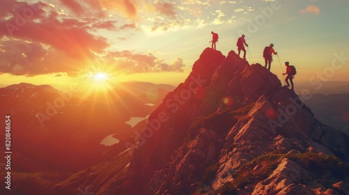 Group of climbers ascending a mountain peak at sunrise exemplifies teamwork and perseverance in a stunning natural landscape photo