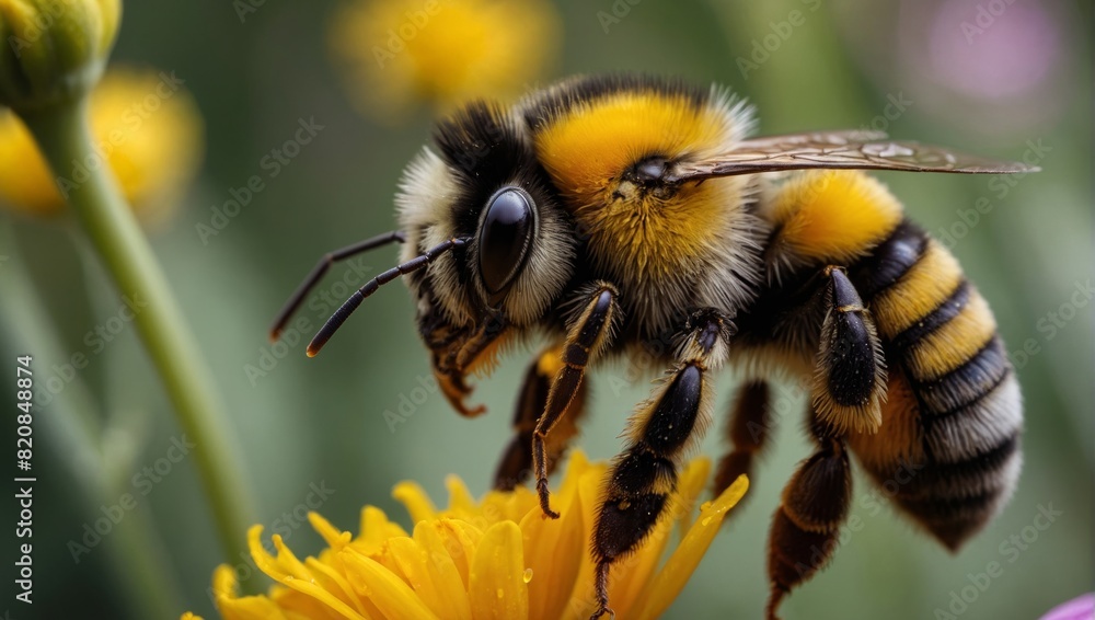 Close-up Photo of Bumblebee Collecting Pollen on Flower in Detailed Macro Shot. Close-up Photo of Bumblebee Collecting Pollen on Flower in Detailed Macro Shot.