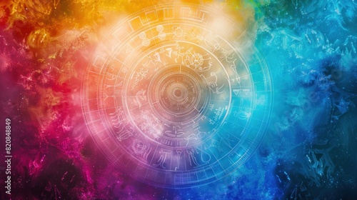 Horoscope circle with zodiac symbol Astrology calendar esoteric on vibrant colorful background. photo