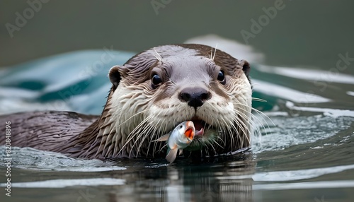 An Otter With A Fish In Its Mouth Swimming Back T