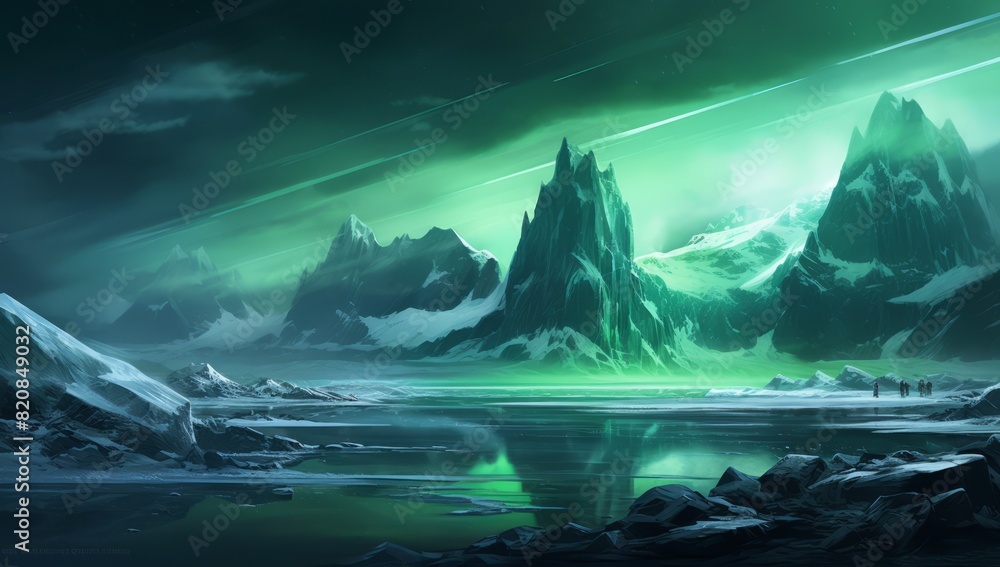Galactic Glow Snowy Peaks Under a Green Nebula Night. Galactic Glow Snowy Peaks Under a Green Nebula Night.