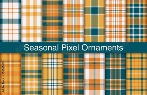 Seasonal pixel plaid bundles, textile design, checkered fabric pattern for shirt, dress, suit, wrapping paper print, invitation and gift card. photo
