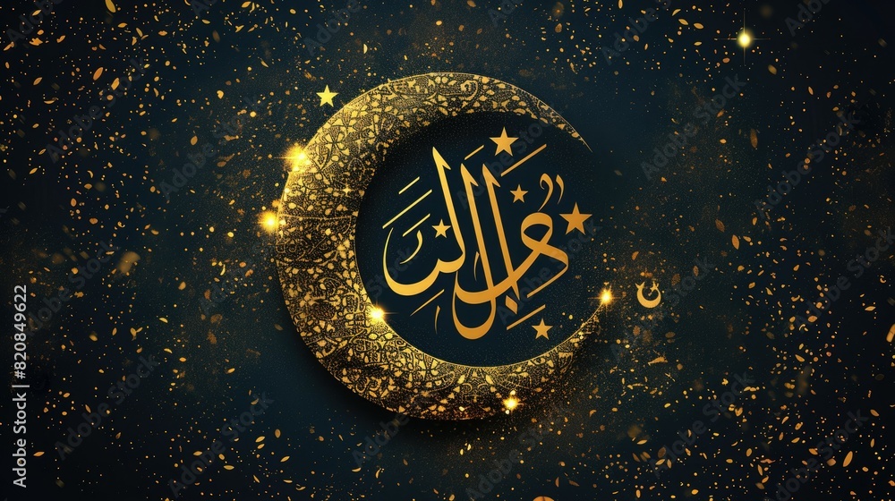 Fototapeta premium Eid Mubarak Islamic Design Crescent Moon and Arabic Calligraphy AI generated