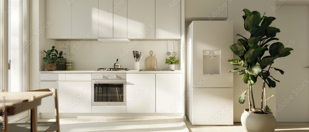 Fototapeta premium 2005 28 A minimalist kitchen with sleek white cabinets, minimal decor, and a single vase with flowers