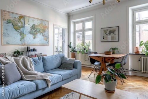 A living room with a blue couch and a world map on the wall © Alexei