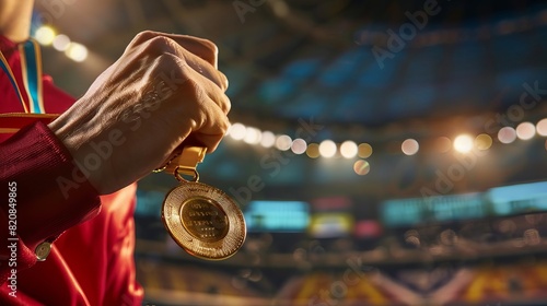 Close-up of an athlete's hand holding a gold medal in a stadium; celebrating victory and achievement in sports.