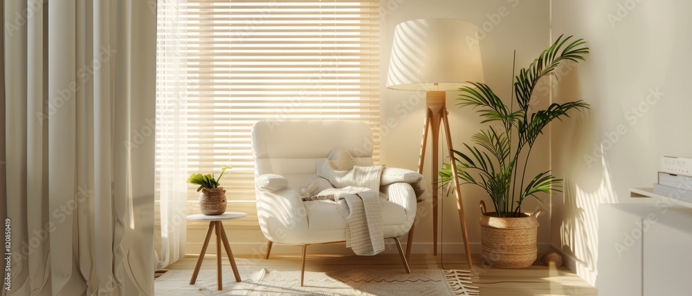 2005 98 A serene reading nook with a white armchair, a small side table, and a floor lamp 2005 98 A serene reading nook with a white armchair, a small side table, and a floor lamp