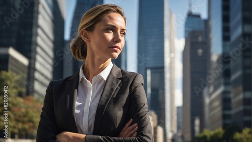 Businesswoman Sparking Success in Urban Financial District at Sunrise - 0eb4846b0-dd0d-43b7-a880.