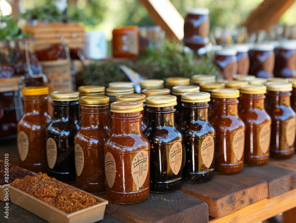 A table full of jars of different colored jams. The jars are arranged in rows and are labeled with the name of the jam A table full of jars of different colored jams. The jars are arranged in rows and are labeled with the name of the jam