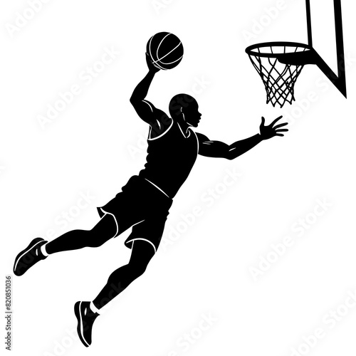 Vector silhouette of a basketball player jumping with a ball towards the goal post on a white background.