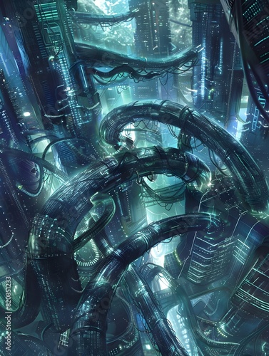 Luminous Biomechanical Tendrils Snaking through a Hyperadvanced Urban Environment photo