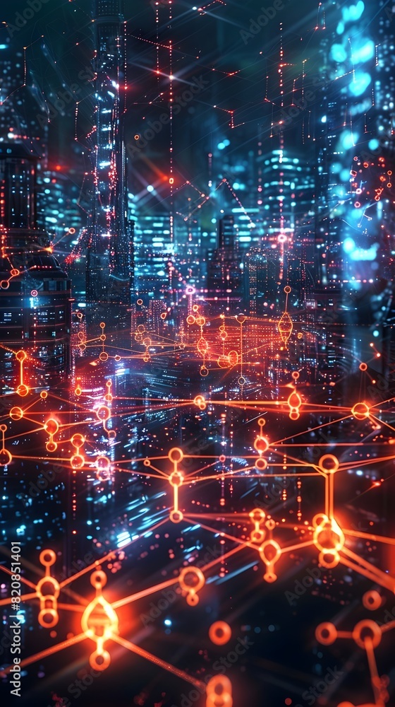 Fototapeta premium Luminous Molecular Connections Forming a Dynamic Cinematic Cityscape