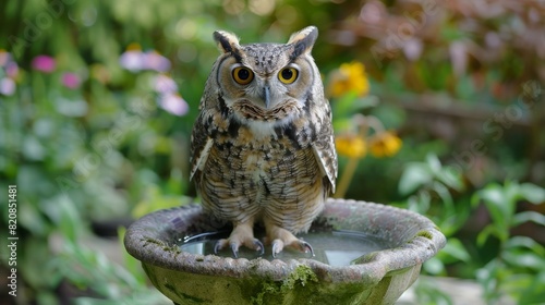 Owl in glasses, sitting on a birdbath, garden setting photo