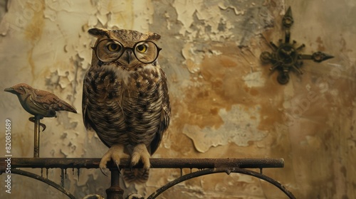 Owl wearing glasses, perched on a weathervane, barnyard background