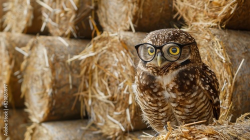 Owl wearing glasses, sitting on a stack of hay bales, barn setting photo