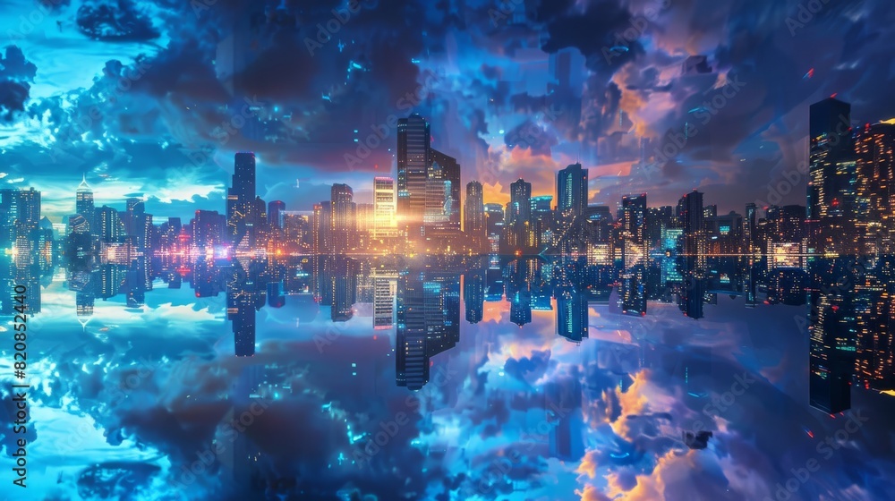 Fototapeta premium Cityscapes Reflected in a Holographic Sky
