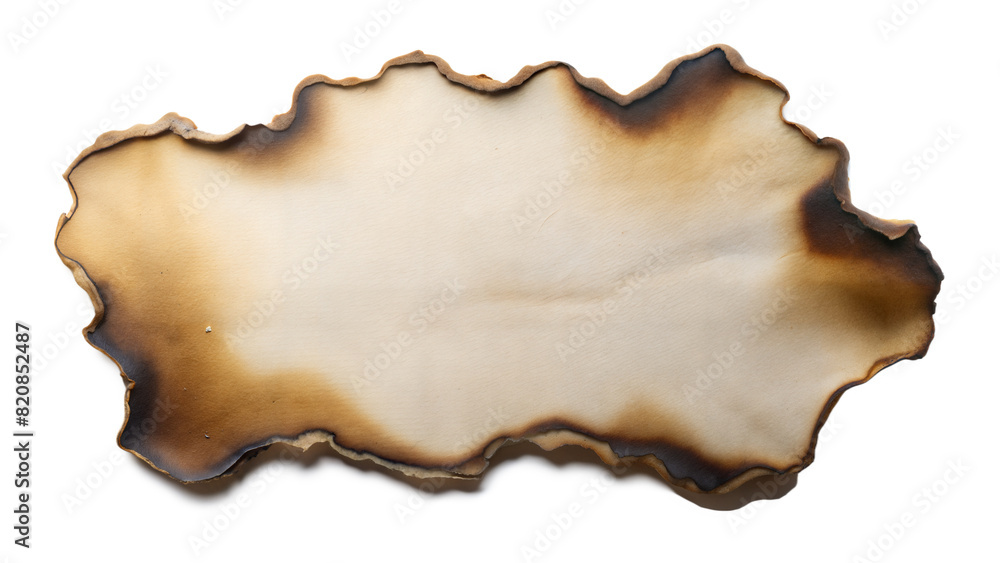 A burnt parchment with irregular edges and dark brown singes, lying flat on a white surface A burnt parchment with irregular edges and dark brown singes, lying flat on a white surface