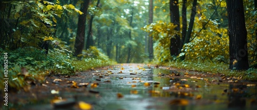 Scenic wet path in a lush forest, scattered yellow leaves, tall trees and green foliage, glistening leaves, softly blurred background enhancing tranquility photo