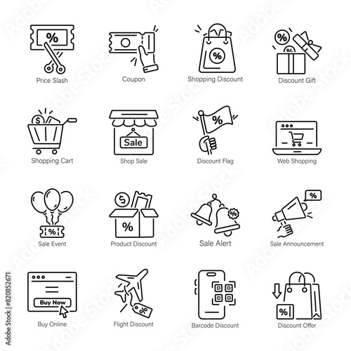 Collection of 16 Sale and Discounts Line Icons  

