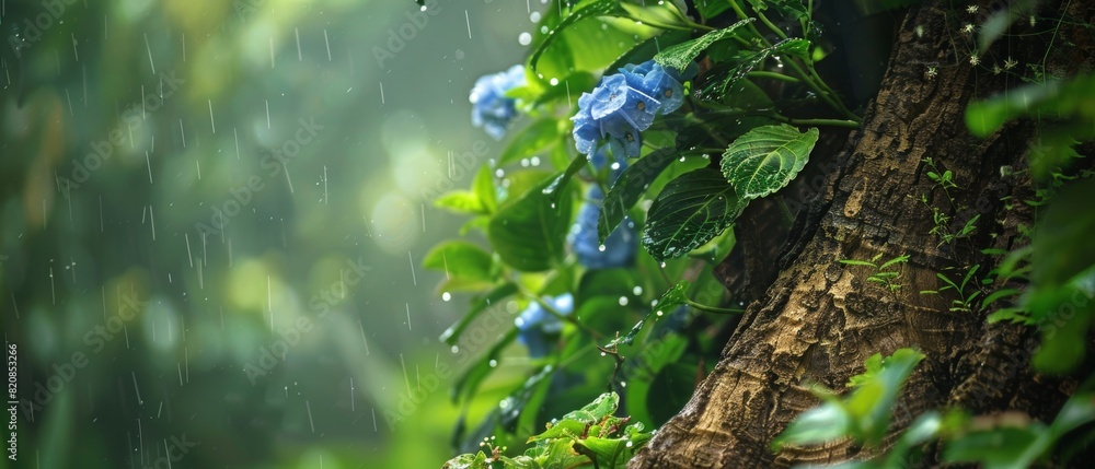Tree trunk with lush green foliage and blue flowers, visible raindrops creating a tranquil atmosphere, softly blurred background for detail Tree trunk with lush green foliage and blue flowers, visible raindrops creating a tranquil atmosphere, softly blurred background for detail