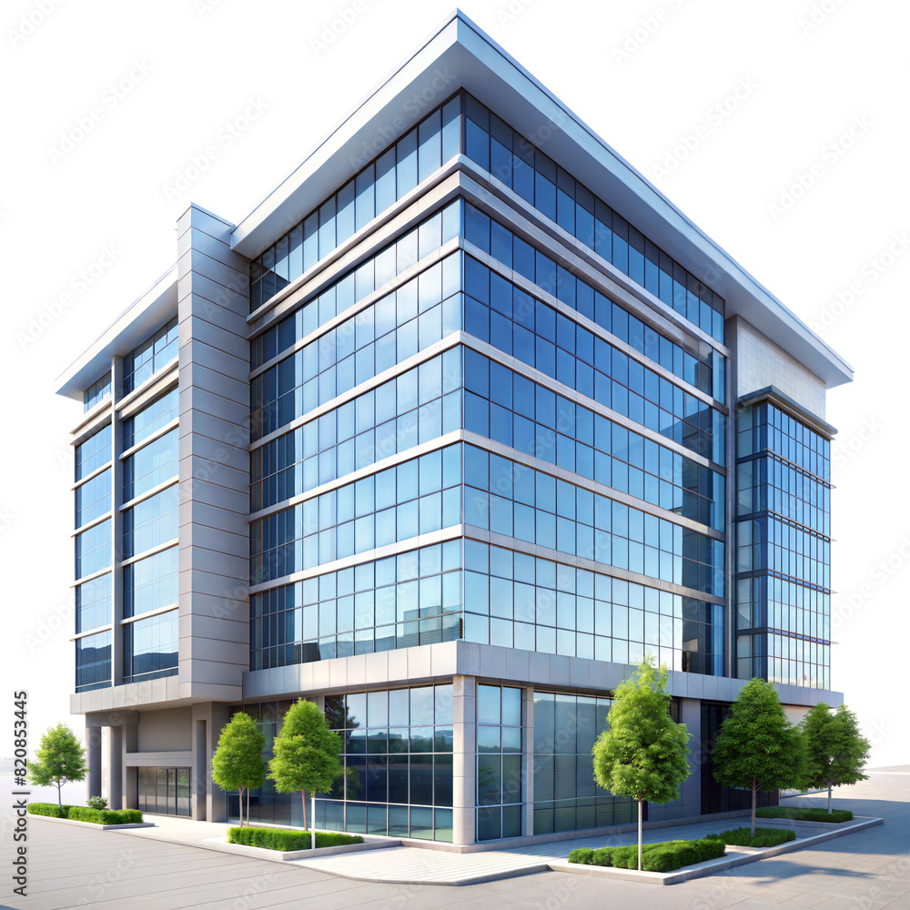 Fototapeta premium Contemporary office building with a glass facade and surrounding greenery, captured on a clear day