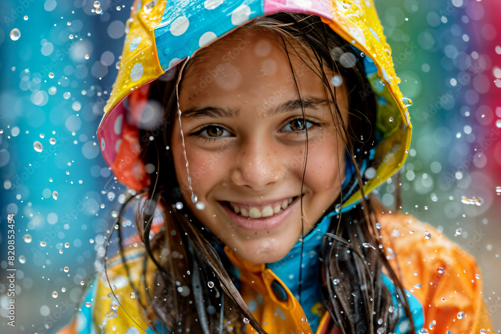 Teen Girl Cheerfully Splashing in Puddle Wearing Colorful Raincoat Teen Girl Cheerfully Splashing in Puddle Wearing Colorful Raincoat