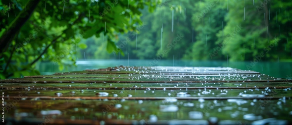 Fototapeta premium Wet wooden pier extending over water in a lush forest, water droplets visible on the surface, dense green foliage and trees in the background, tranquil ambiance
