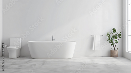 Modern bathtub and toilet bowl near white wall in bath