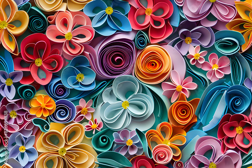 floral curls and rolls from colored strips of paper quilling paper is an art hobby abstract background from paper filigree strips floral pattern from quilling paper stripes AI