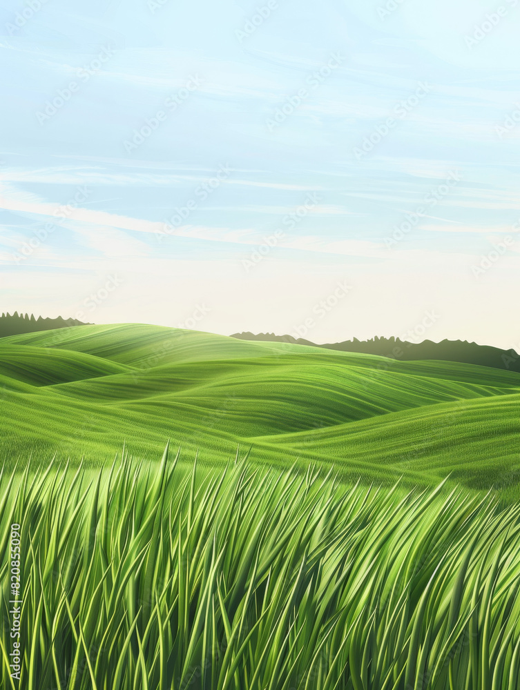 The ambient light is bright, the sky is clear, the wheat fields are green,A realistic long shot, view from a Green wheat field, realistic The ambient light is bright, the sky is clear, the wheat fields are green,A realistic long shot, view from a Green wheat field, realistic