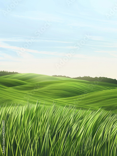 The ambient light is bright  the sky is clear  the wheat fields are green A realistic long shot  view from a Green wheat field  realistic