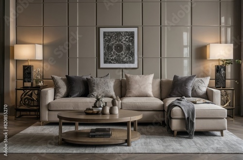 Modern Beige Living Room Design With Grey 3 Seater Sofa © Dhiandra
