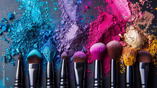 Colorful Makeup Brushes and Crushed Powder on a Table