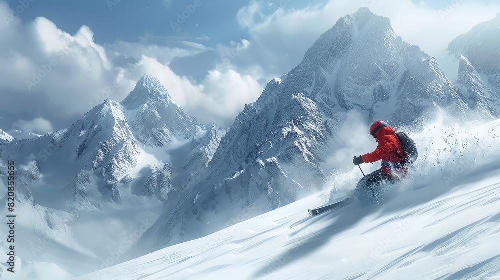 Adventurous skier descending snowy mountain slope Adventurous skier descending snowy mountain slope